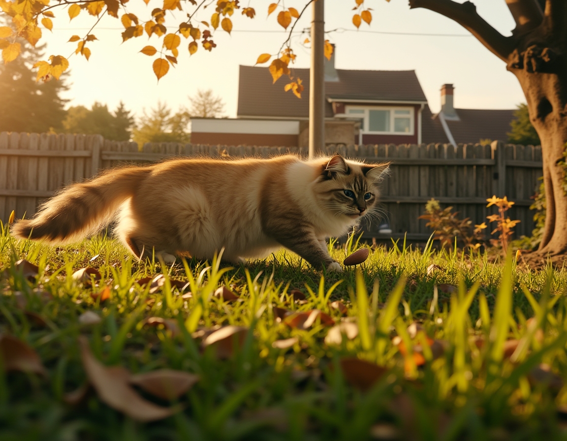 Cat crouches in tall grass, its sharp gaze fixed on a small insect nearby. The warm golden light of sunset and a wooden garden fence frame the scene.